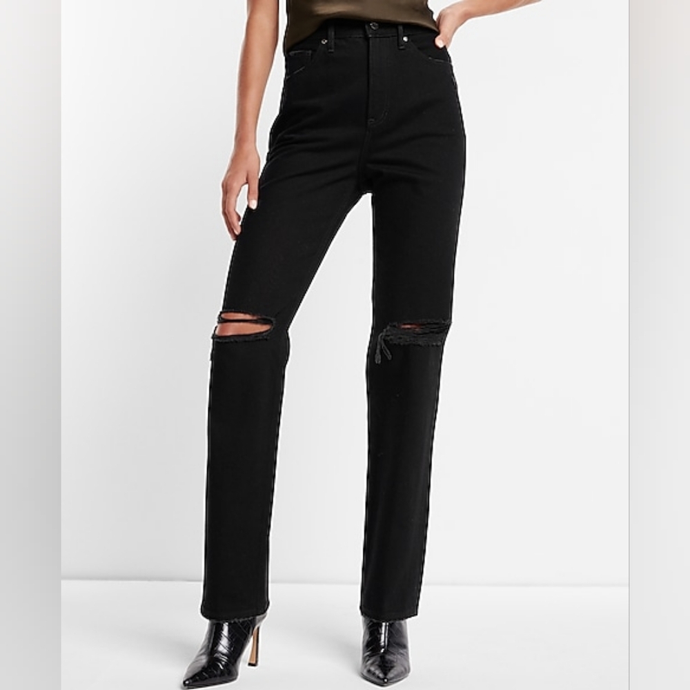 NWT Express Super High Waisted Black Rinse Ripped Modern Straight Jeans